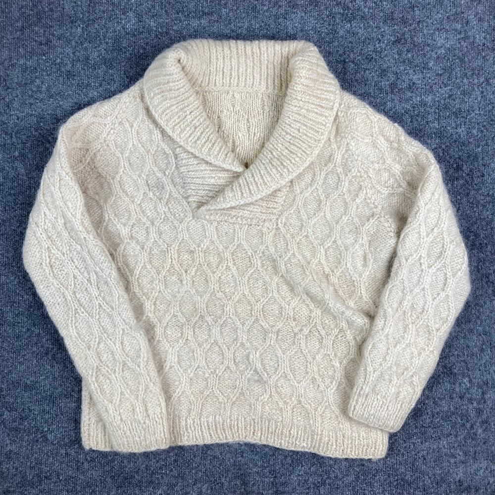 Cable Knit Sweater Womens L Cream Shawl Collar Thick Knit‎ Pullover Vintage